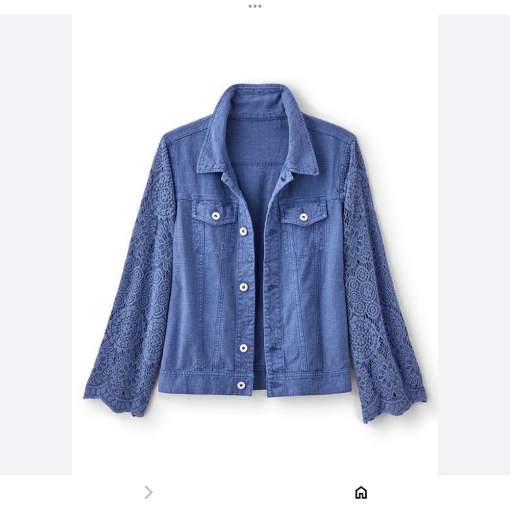 SOFT SURROUNDINGS Women’s Blue Lace Sleeve Denim Linen Jacket Soft L NEW